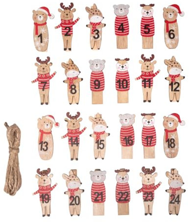 Rayher Adventszahlen 1-24 Xmas Tiere, FSC 100 %, 5-5,3cm, Klammern+Kordel, SB-Btl. 1Set, 46772000