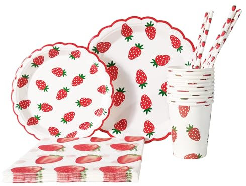 Fournitures de décoration de fête en forme de fraise comprenant assiettes, tasses, serviettes et pailles, ensemble de vaisselle d'été en forme de fruits pour anniversaires, fêtes prénatales,