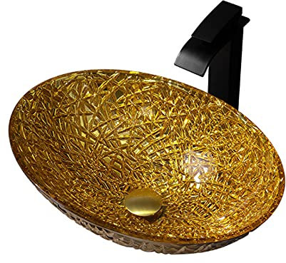 CLRAWSHB Badezimmer-Waschbecken, rundes Aufsatzwaschbecken aus gehärtetem Glas mit Wasserfall-Wasserhahn und Pop-Up-Ablauf, Gold