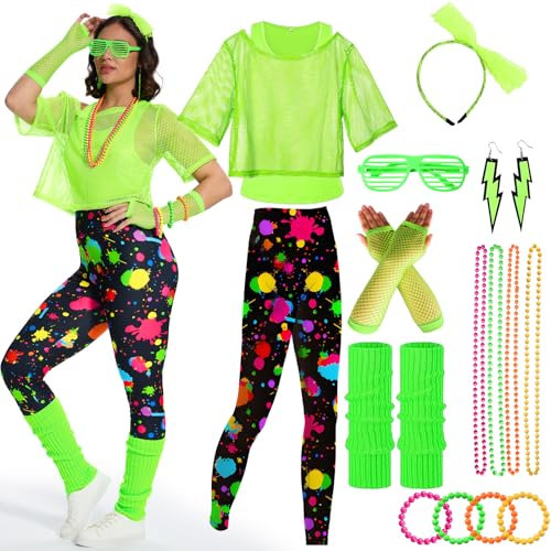 Ulikey 80er Jahre Kostüm Damen, Bunte Leggings, Aerobic Outfit, 90er Neon Party Zubehör Set Mit Gläser, Halskette (Grün Schwarz, XL)