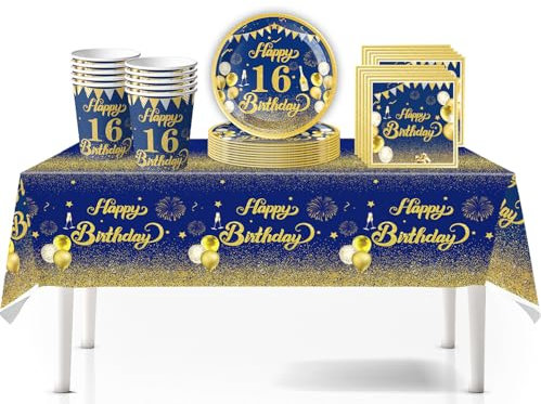 41Pcs Navy Blue Gold Happy 16th Birthday Party Tableware Set Plastic Table Cloth,Paper Plates Napkins 16th Birthday Table Decorations Disposable Tableware Kit for Boy Girl 16th Birthday Decorations