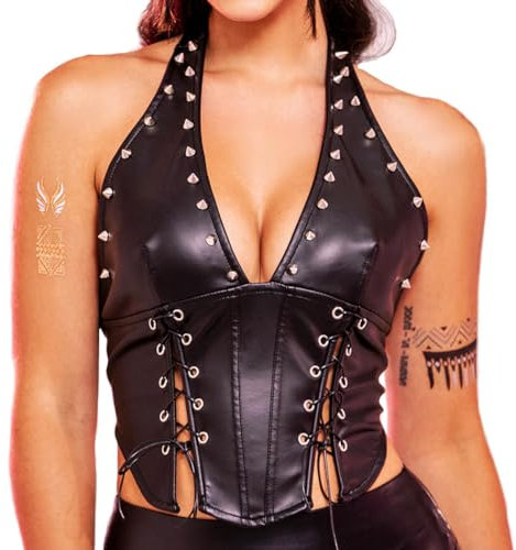 Flovel Damen Leder Neckholder Tank Top Schnürung Crop Tops Nieten String Top Rave Outfits Party Nachtclub
