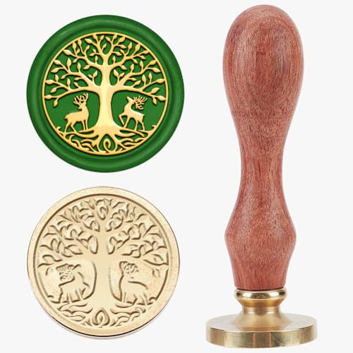 MAYJOYDIY Baum Des Lebens Wachssiegelstempel 25mm Hirsch Siegelstempel Vintage Abnehmbarer Messingstempelkopf Mit Holzgriff Für Hochzeitseinladung Umschlag Geburtstag Geschenk Dekoration
