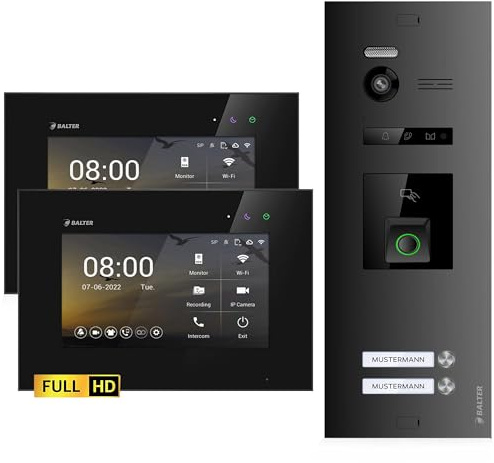 Balter EVO-HD Video Türsprechanlage mit Fingerprint, Video Türklingel, 2 Familienhaus, 2X 7 Zoll Monitore, Türklingel mit Kamera Full HD, 2 Draht Bus, 175° Weitwinkel, RFID,1080P