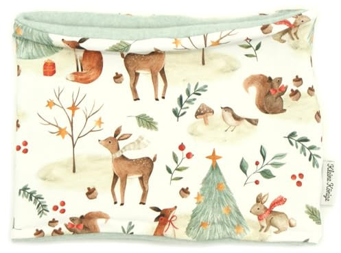 Kleine Könige Loop Schal Kinder Jungen bis 10 Jahre · Modell Hase Fuchs Reh Weihnachtswald beige · Innen Fleece Bio aqua · Made in Germany