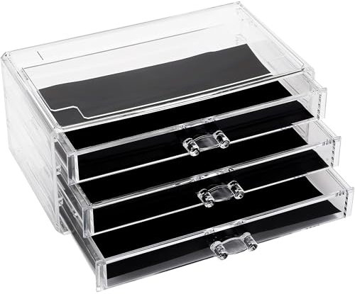 Sea Team Clear Makeup Organizer with Drawers, Acrylic Plastic Cosmetic Display Case, Jewelry Storage Box, Holder for Dresser, Bathroom, Vanity, Countertop (3 Drawers)