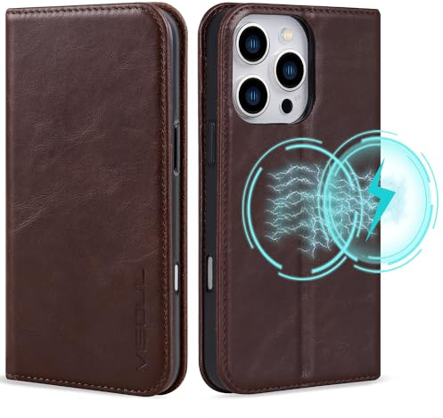 VISOUL Oil Waxed Genuine Leather Wallet Case Compatible with iPhone Pro 16 6.3-inch 5G 2024 with Wireless Charging, 3 Card Slot, Kickstand, Magnetic Flip Cover, Shockproof TPU Shell-Coffee
