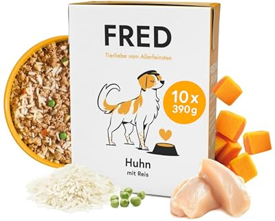 FRED Hundefutter Huhn mit Reis 10 x 390 g I Monoprotein Nassfutter mit Muskelfleisch I Glutenfrei & gut verträglich I Mit Gemüse, Apfel & Ölen I Alleinfuttermittel für ausgewachsene Hunde