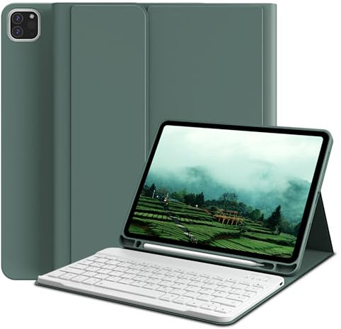 GKABXY Étui de clavier pour iPad Pro 4ème/Pro 3e/Pro 2e génération, clavier Bluetooth magnétique amovible sans fil et support pliable Folio avec porte-stylo pour iPad Pro 11 pouces, vert nuit