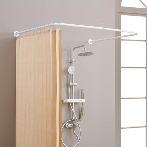 Crkmire Barre de Douche en U pour Angle, Réglable [Côtés: 60-132 cm, Centre: 79-119 cm] Barre de Douche en Forme de U avec 12 Crochets et Support de Plafond pour Salle de Bain et Extérieur - Blanc