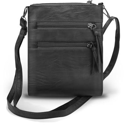 AfitLulu 4 Reißverschlusstaschen Umhängetasche Damen Stilvoll Crossbody Bag Weiches PU-Leder Damen-Umhängetaschen Retro Handtasche mit Abnehmbaren und Verstellbaren Riemen (Schwarz)
