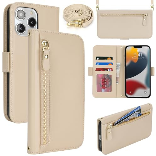Lipvina Coque en Cuir Premium pour iPhone 12 Pro Max / 13 Pro Max - Étui Portefeuille avec Sangle Réglable, Porte-Cartes, Protection Complète et Design Élégant - Mi Blanc