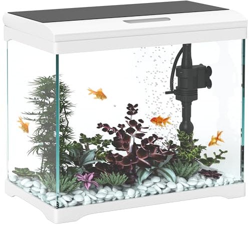 PawHut 27L pecera, acuario de cristal con sistema de filtro, luz LED, bomba de agua, kits de iniciación de pecera para Betta, Goldfish, camarones, blanco