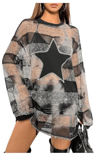 GORGLITTER Women's Star Striped Sheer Mesh Mini Tunic Dress Long Sleeve Crewneck Loose Y2k Grunge Tshirt Dresses Black Small