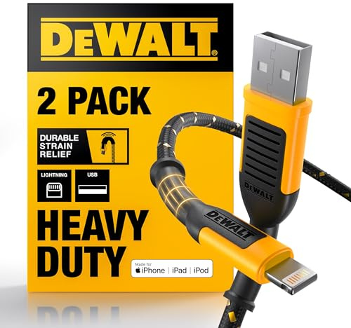 DEWALT Heavy Duty 2-Pack Durable Iphone Charger Cord, [Apple Mfi Certified] 4Ft Long Charging Cable, Compatible Apple Lightning To Usb Cable, Fast Charging Cords For Iphone 14/13/12/11/13 Pro/13 Max