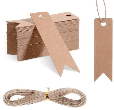 Larrel 100 Stück Geschenk Anhänger, 2×7cm Kraftpapier Anhänger Etiketten mit 20m Juteschnur Geschenkanhänger Kraftpapier Blanko Geschenkanhänger zum Beschriften für Hochzeit Handwerk Weihnachten,Braun