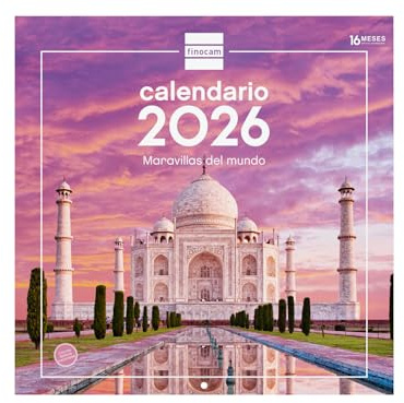 Finocam - Wandkalender 2026, 30 x 30 cm, Monatsansicht Januar - Dezember 2026 + Sep. - Dezember 2025 (4 Monate), Kalender 2026, Weltwunder - Spanisch