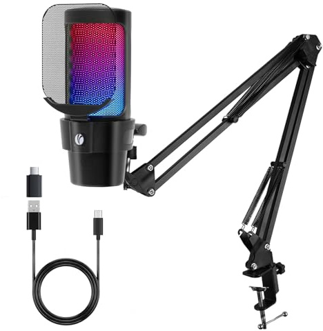 VCOM USB Microphone for PC, Gaming Mic with Boom Arm and RGB Modes