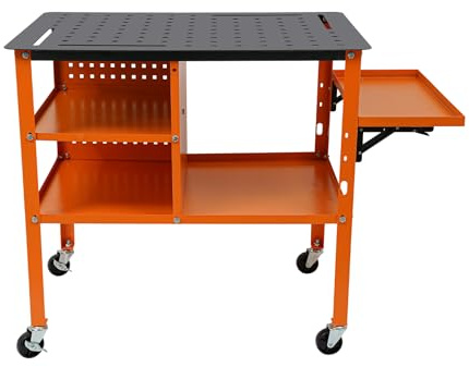 Professioneller Schweißtisch 500kg Tragkraft, Mobile Werkbank mit Rollen und Arbeitsplatz, Industriearbeitstisch mit Werkzeughaken, Perforierter Platte und Ablage, für Werkstatt, Garage