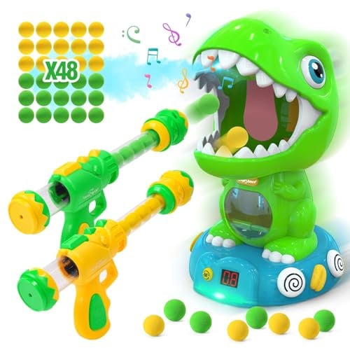 EagleStone Movable Dinosaur Shooting Toy with Spray Electronic Target Game | with 2 Pump Guns and 48 Foam Balls, Score Display and Sound Effects, Interactive Blaster Gift for Kids Ages 5 to 7