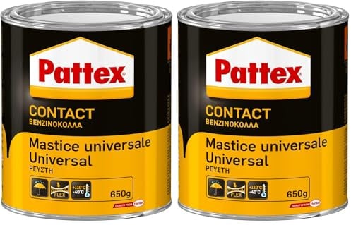 Pattex Mastice Universale, Adesivo a Contatto Universale, Forte Presa Iniziale, Per Incollaggio Di Gomma, Cuoio, Moquettes, Feltro, Sughero Rapido, Non Macchia, latta da 650g (Confezione da 2)