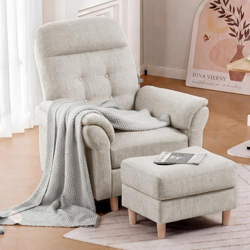 COMHOMA Relaxsessel Fernsehsessel mit Liegefunktion, Liegesessel mit Hocker & 4 Verstellbarer Rückenlehne, Polstersessel Stoff Einzelliegesessel Wohnzimmer Schlafzimmer Heimkino, Chenille, Beige