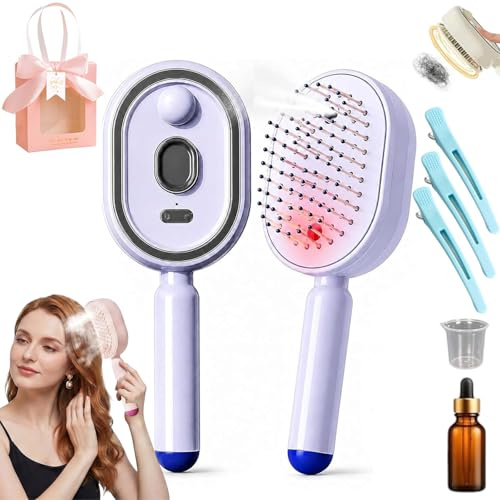 Cepillo alisador con vapor de pelo 3 en 1 con vaporizador - Plancha pelo viaje y cepillo alisador a vapor para pelo rizado, ondulado y liso, peine eléctrico antiestático para mujer (Morado)
