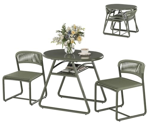 Garvee Ensemble Bistro Jardin 3Pcs Fer et Corde PE, Table Ronde 80 cm, Vert | Structure fer anticorrosion, Assises Tressées PE Respirantes et séchage rapide, 2chaises ergonomiques, pour Jardin, café, bar