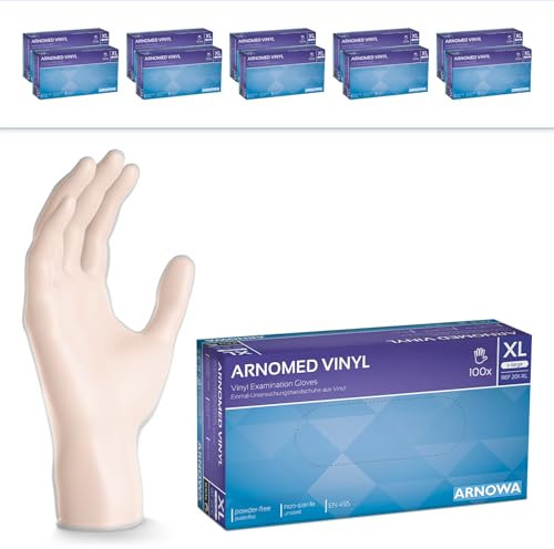 ARNOMED Einweghandschuhe XL, Vinyl Handschuhe 1000 Stk (10x100 Stk), Einmalhandschuhe, Handschuhe Einweg puderfrei, Gummihandschuhe Einweg latexfrei, Einweg Handschuhe, Einmalhandschuhe in S, M, L, XL