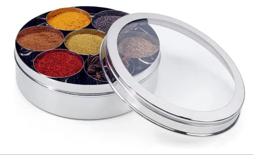 RSK Stainless Steel 7 Spice Tin Box/Masala Dabba- Clear Lid (20CM), WITH SPOON, For all your spices, Kitchen Storage, Cupboard Management
