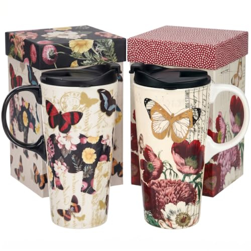 Topadorn Ceramic Travel Mug 17 oz. Coffee Cup with Sealed Lid and Gift Box | Set of 2 Large Floral Mugs • Vintage Butterfly Art • Comfortable Handles • Dishwasher Safe • Individual Gift Boxes