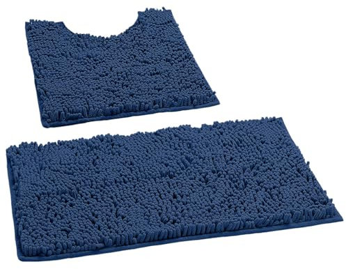 Badezimmerteppich Set 2 Teilig Luxus Chenille Badematte Set, Weiche Plüsch Anti-Rutsch-Bad Teppich + Toilettenmatte.1 '' Mikrofaser Zotteligen Teppich, Super Saugfähig(Curved Set Small, Blue)