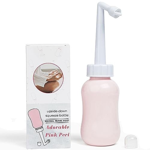 Adorable Pink Peri Bottle - Portable Bidet - Upside Down There Care Squeeze | Menstrual Cup Buddy + Travel Bag | NO More Wasting Toilet Paper Messy Period Wash Changing 300ml (10oz)