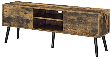 Meuble TV Design Support Télé Banc avec 2 Portes et 2 Étagères Panneau de Particules Mélaminé Pieds en Bois avec Revêtement PVC 120 x 30 x 47 cm Bois Foncé Noir