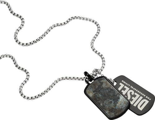 Diesel Halskette Für Männer Doppelte Hundemarken, L 60Cm +/- 5Cm X B Anhänger 1: 40mm X 22.60mm Anhänger 2: 44.1mm X 22.6mm X H 3.0mm Silberne Edelstahl Halskette, DX1327040