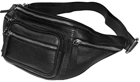 VINTAGE CRAFT SHOP Bauchtasche, multifunktional, echtes Leder, Hüfttasche für Damen und Herren, mehrere Taschen und stabile Reißverschlüsse, ideal zum Wandern, Laufen und Radfahren, schwarz, Medium,