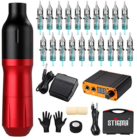 STIGMA Tattoo Rotary Maschine Set Kompletter Tattoo Pen mit 20Pcs Cartridges Nadeln Digital Display Netzteil Tattoo Kit mit Plastikbox für Anfänger und Tätowierer STP7KITP192-2-EU