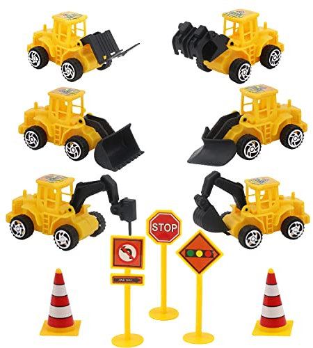 kukifun 11 teiliges Baustellenfahrzeuge Spielzeug,Tortendeko Baustelle Spielzeug,Bagger Betonmischer Gabelstapler Kran Verkehrsschilder Spielzeug Kuchendeko für Kindergeburtstag Deko