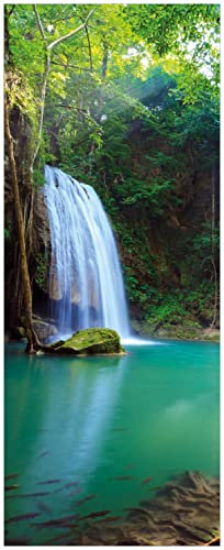 Wallario Memoboard aus Glas mit Motiv, Magnet-Tafel in 32 x 80 cm in Premium Qualität Wasserfall im Wald am See Idylle in Thailand