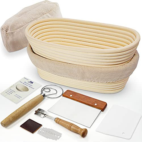 M JINGMEI 25,4 cm ovaler Gärkorb mit Einsatz, 2 Stück + Premium-Brot-Lamé und Schaber, die ideale Backschale für Sauerteig und Hefebrotteig, Geschenke für Bäcker