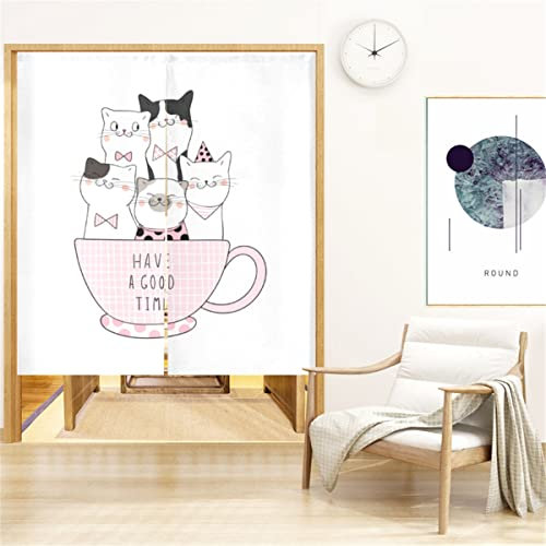 Surwin Rideau de Porte Japonais Long Tapisserie Noren en Lin Fenêtre Rideaux Panneau Tenture Tapisserie Décoration pour Cuisine Chambre Décoration de Maison (90x120cm,Chaton Blanc)