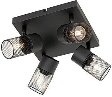 Qazqa - Industrie I Vintage I Industrie I Vintage Ir Deckenstrahler schwarz 4-flammig Spotbalken-flammig verstellbar - Jim I Wohnzimmer I Schlafzimmer - Stahl Quadratisch - LED geeignet E14