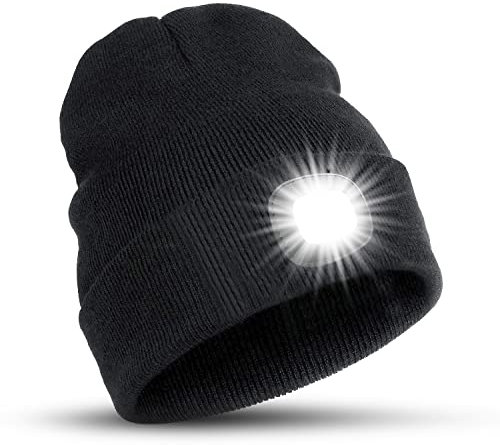 TYGA STORE LED Beanie Hat - Waterproof Winter Running Hat with 4 Bright LED Lights - Rechargeable USB Torch for Women, Presents for Women, Men, Dad, Unisex (Black)