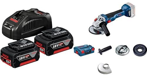 Bosch Professional Kit 2 Batteries li-ION 5,0 ah gba 18v + Chargeur Rapide Gal 1880 CV professionnal & Meuleuse Angulaire Professional GWS 18V-10 Solo + L-BOXX