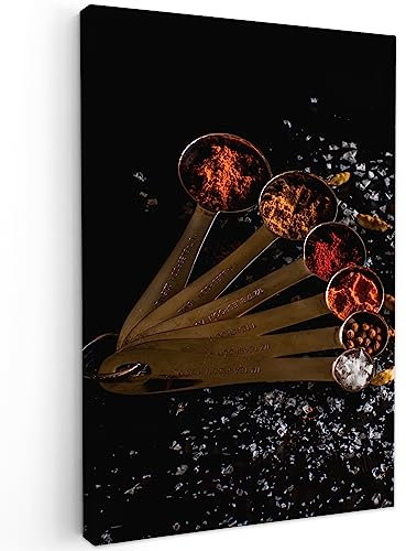 MuchoWow© Leinwandbilder 40x60 cm Wall Art Decoration Bilder für die Wand Schlafzimmer Deko Canvas Painting Wanddekoration Wohnzimmer Bild Küche - Kräuter - Löffel - Salz - Gewürze - Schwarz