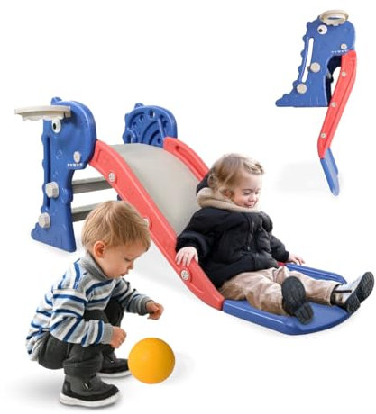 Mobiclinic® Kids, Toboggan pour Enfants, Dino, Pliable, Panier et Ballon Inclus. Bords arrondis, Antidérapant, Max. 35 kg, Stable, Sûr, Montage Facile, Intérieur extérieur