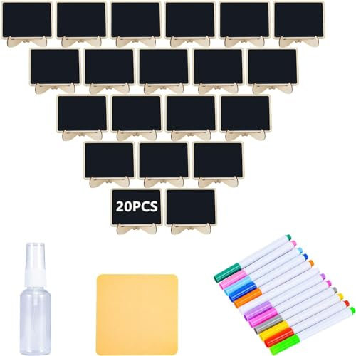 Kleine Kreidetafel Schilder mit Staffelei Stehen, 20 Stück Mini Holzschilder Lebensmittel Etiketten für Party-Buffet, Tafeln Hochzeiten, Geburtstagsfeiern, Tischkarten Beschriften, Preisschilder
