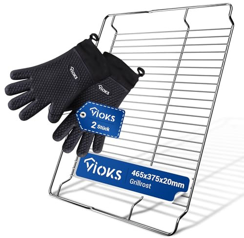 VIOKS Set Grillrost Edelstahl 465x375mm Ersatz für Bosch 00574876 + 2x Kochhandschuhe Hitzebeständig, Silikon Ofenhandschuhe Hitzebestaendig & Gitter Backofen - Gasgrill Zubehör & Back Zubehör