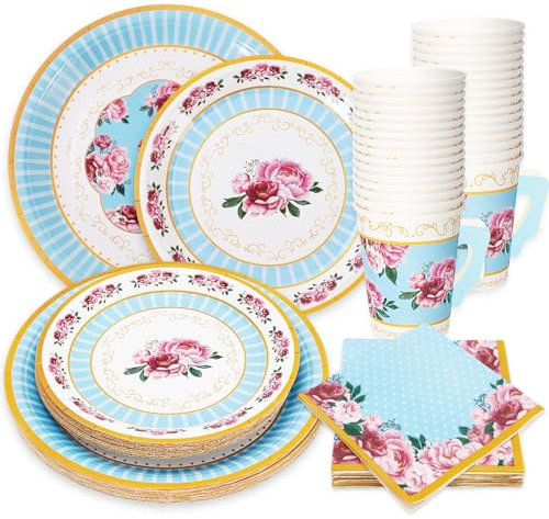 JarThenaAMCS Spring Floral Tea Party Supplies Serve 24 Blue Rose Flower Tea Party Disposable Paper 7 & 9 Inch Plates Napkins 9oz Teacup with Handle Total 120 Pcs for Birthday Holiday Dinnerware