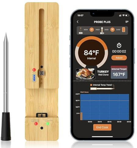 Smarte Fleischthermometer der Generation,Kabelloses Smart Fleischthermometer 100m Bluetooth Grillthermometer Bratenthermometer Meat Thermometer IP67 Bratenthermometer für Backofen,Grill,BBQ,Rotisserie